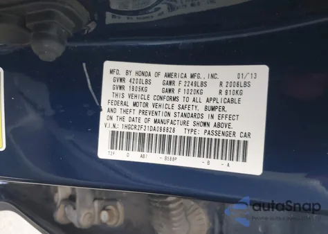 2013 Honda Accord Lx из США, поврежденный, VIN 1HGCR2F31DA098828